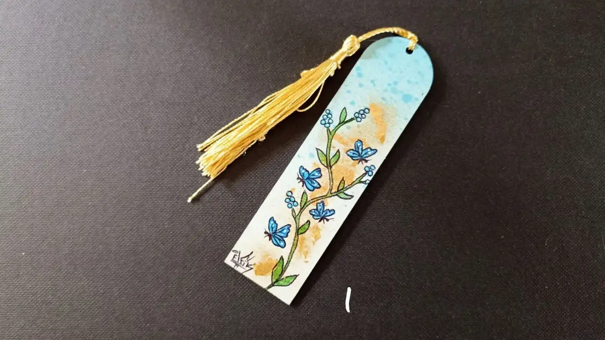 Marque page bois peint à la main ton bleu